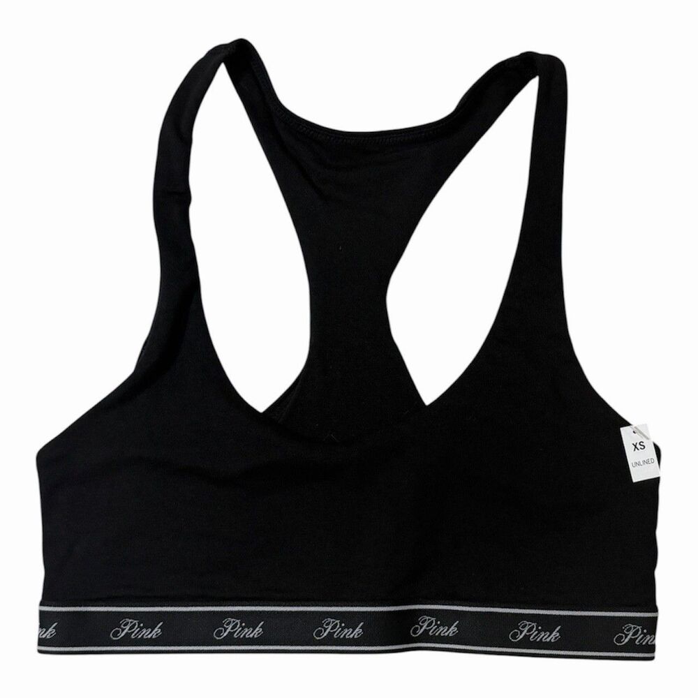 Victorias Secret PINK Women Sports Bra XS Black Scoop Neck Racerback Logo Active